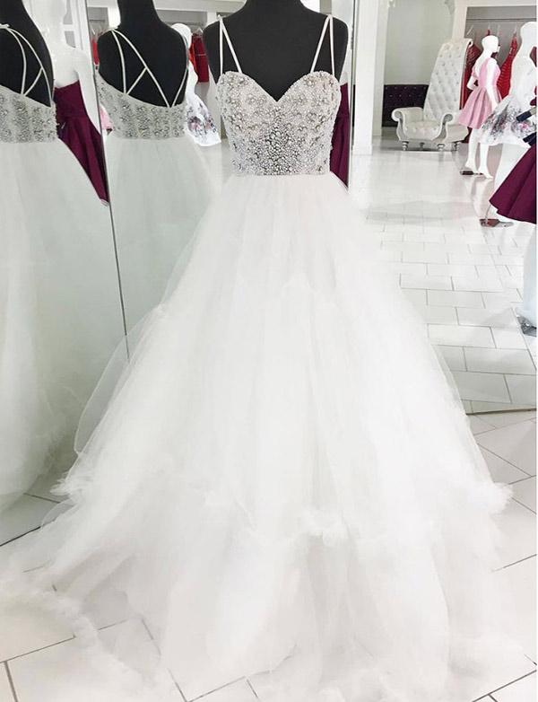Elegant Long Spaghetti Straps A-Line Beading Tulle White Wedding Dresses - YESBABYONLINE