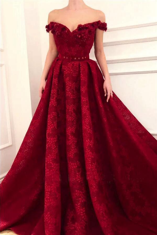 Elegant Long Off the Shoulder A-Line Sleeveless Lace Prom Dresses - YESBABYONLINE