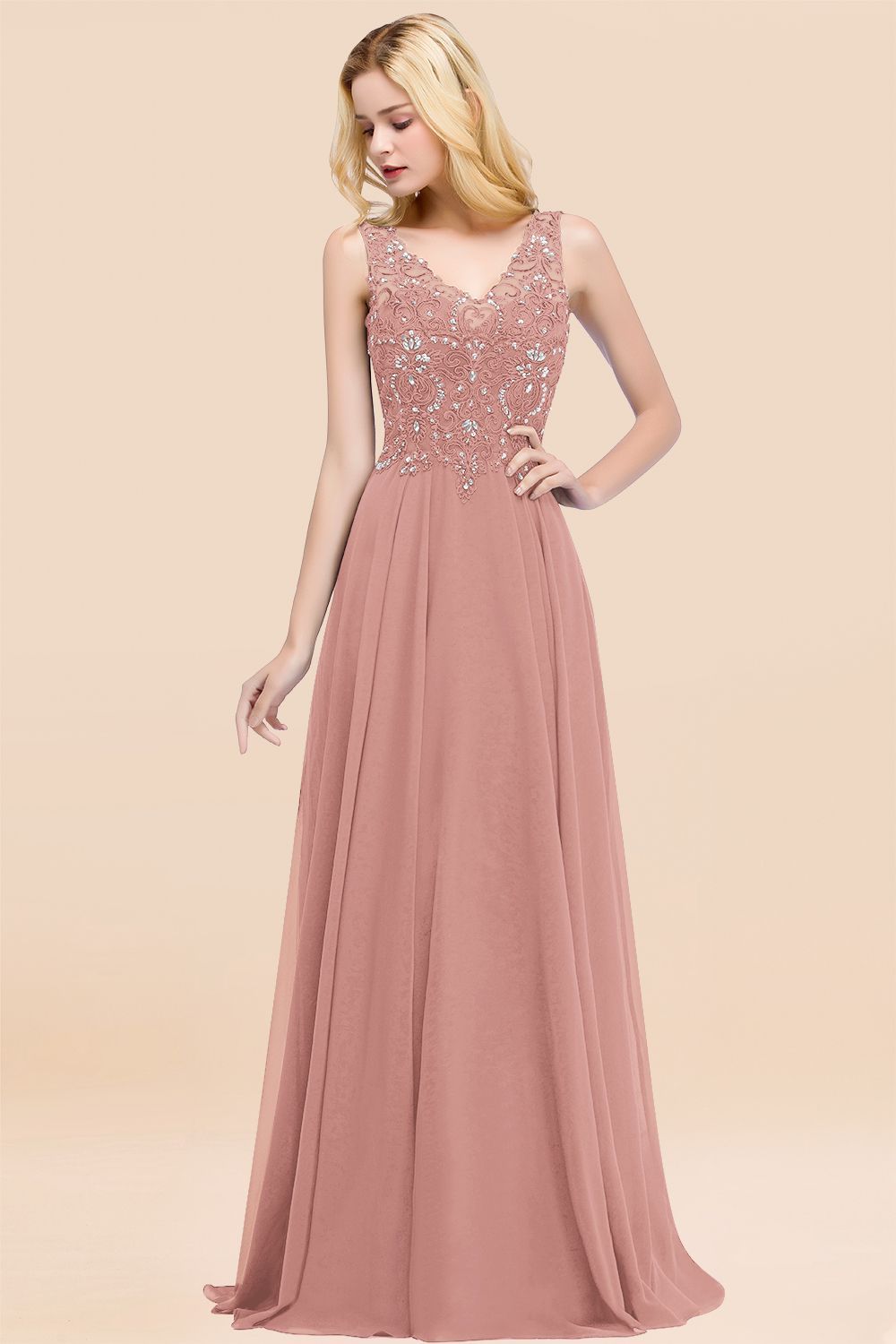 Long A-line Straps V Neck Applique Lace Floor Length Chiffon Bridesmaid Dresses - YESBABYONLINE