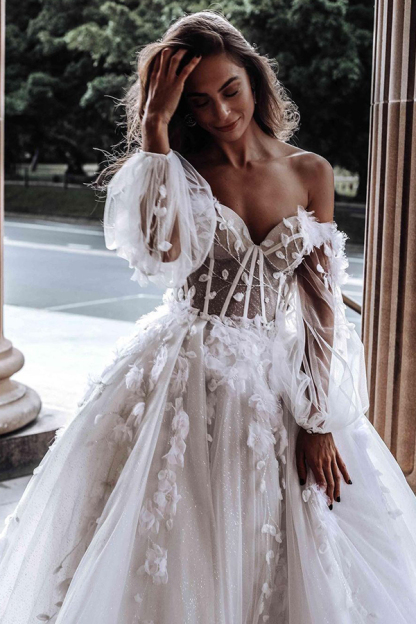 A-line Off the Shoulder Floor Length Tulle Wedding Dresses With Long Sleeves - YESBABYONLINE