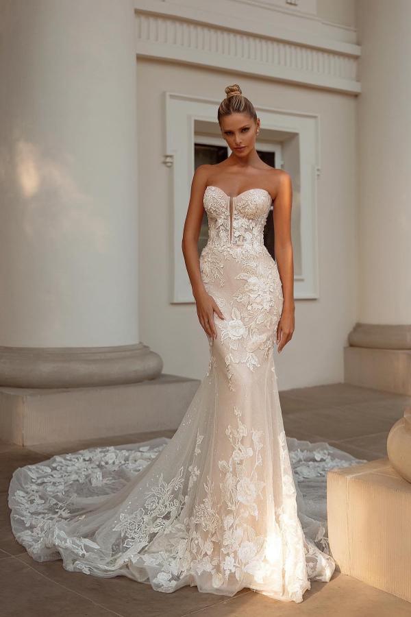 Long Sweetheart Sleeveless Tulle Lace Mermaid Wedding Dress with Train - YESBABYONLINE