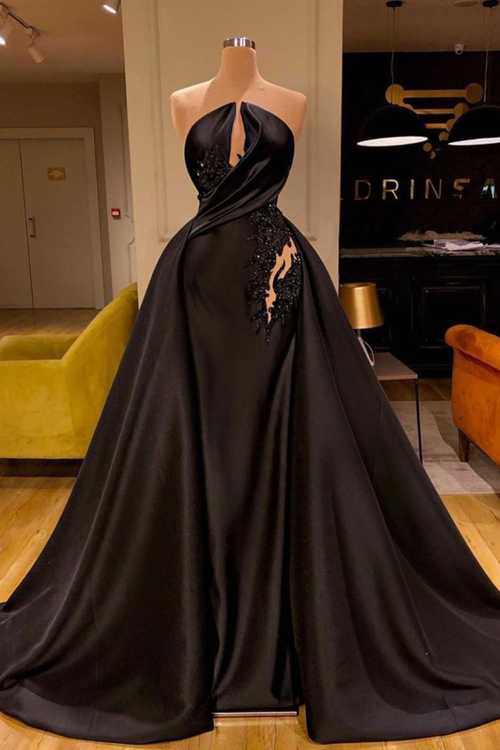Black Long Mermaid Sleeveless Satin Formal Prom Dresses - YESBABYONLINE