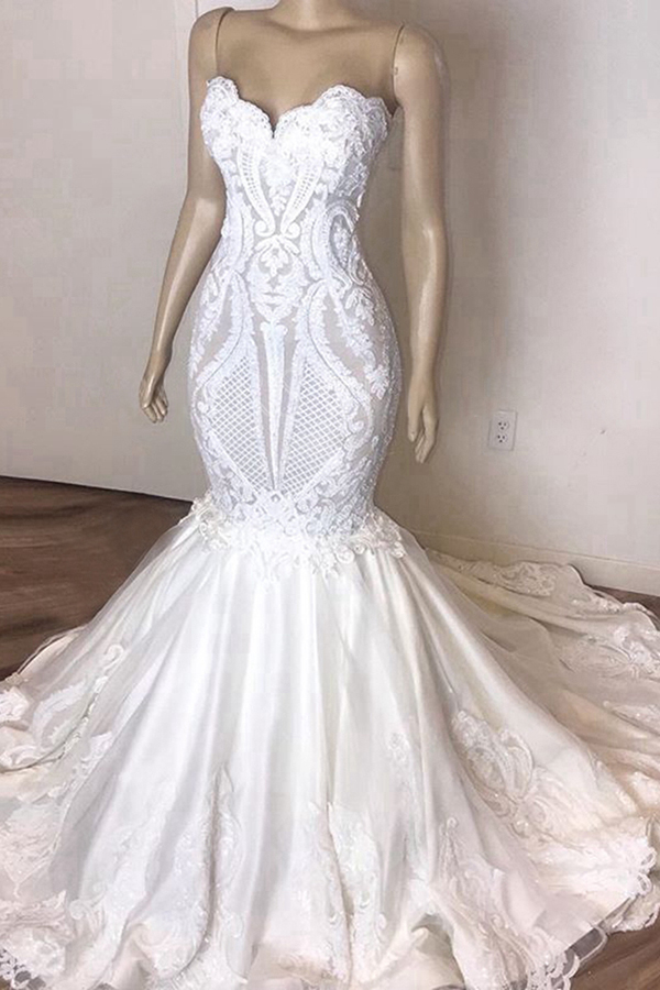 Long Sweetheart Lace Sleeveless Mermaid Wedding Dresses - YESBABYONLINE