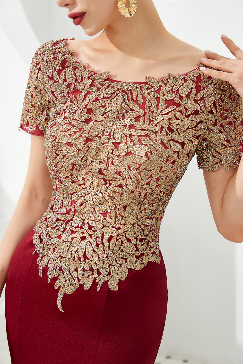 Long Mermaid Bateau Satin Applique Lace Evening Dresses with Short Sleeves - YESBABYONLINE