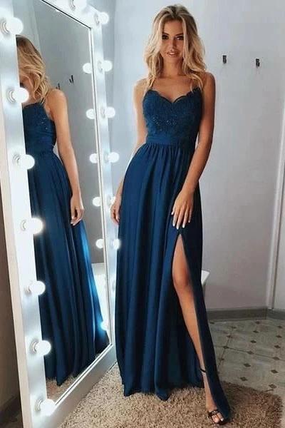 Beautiful Long A-Line V-Neck Spaghetti Straps Sleeveless Prom Dresses with Slit - YESBABYONLINE
