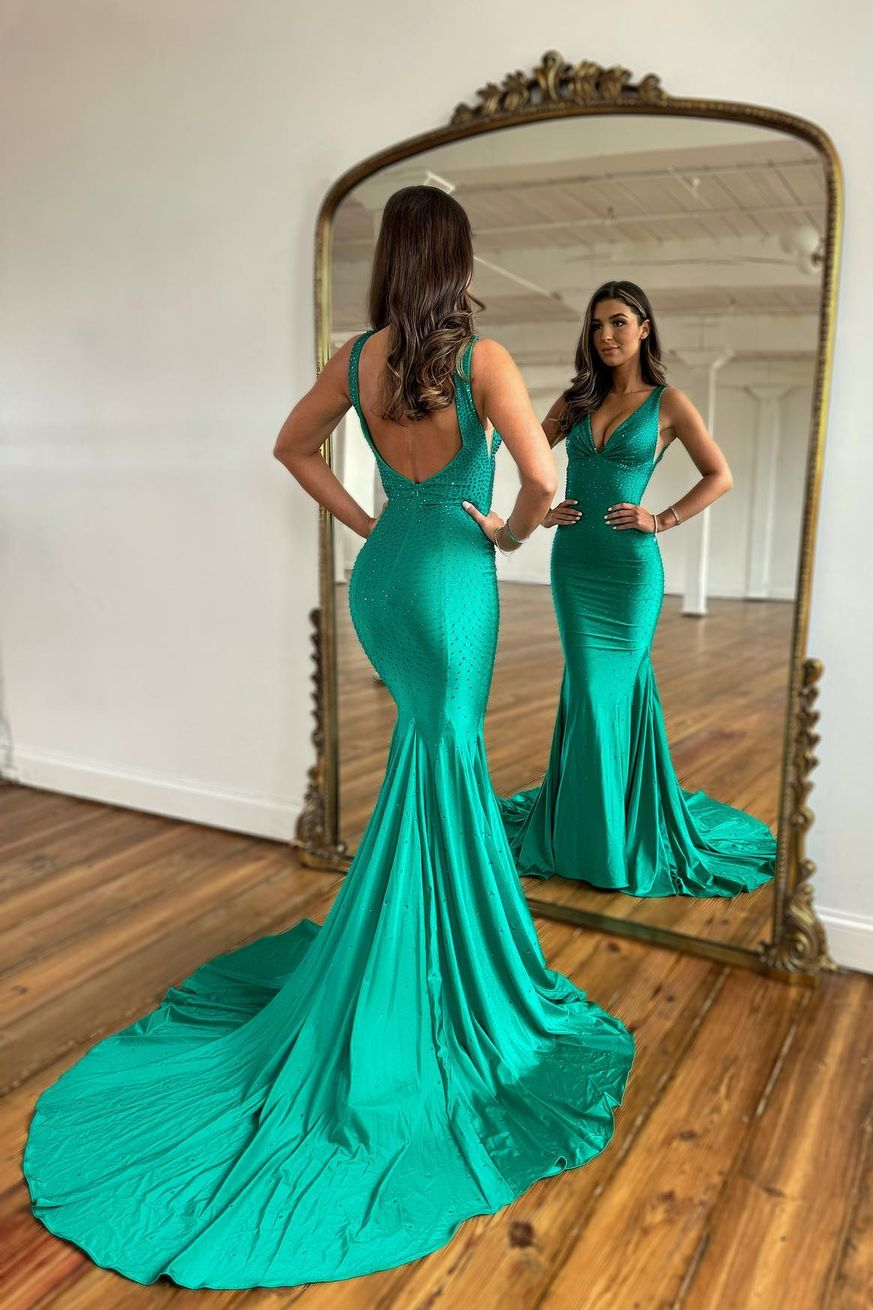 Chic Long V-Neck Sleeveless Backless Satin Mermaid Prom dresses - YESBABYONLINE