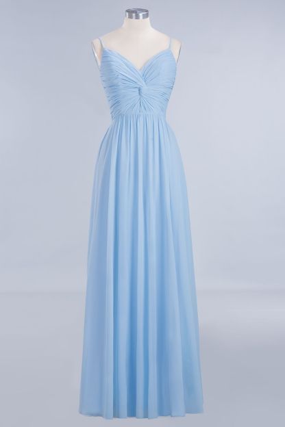 Sky Blue Long A-Line V-Neck Spaghetti Straps Floor-Length Chiffon Bridesmaid Dresses - YESBABYONLINE