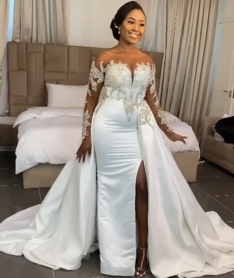 Long Sleeves Mermaid Satin Lace Sweep Train Wedding Dresses with Slit - YESBABYONLINE