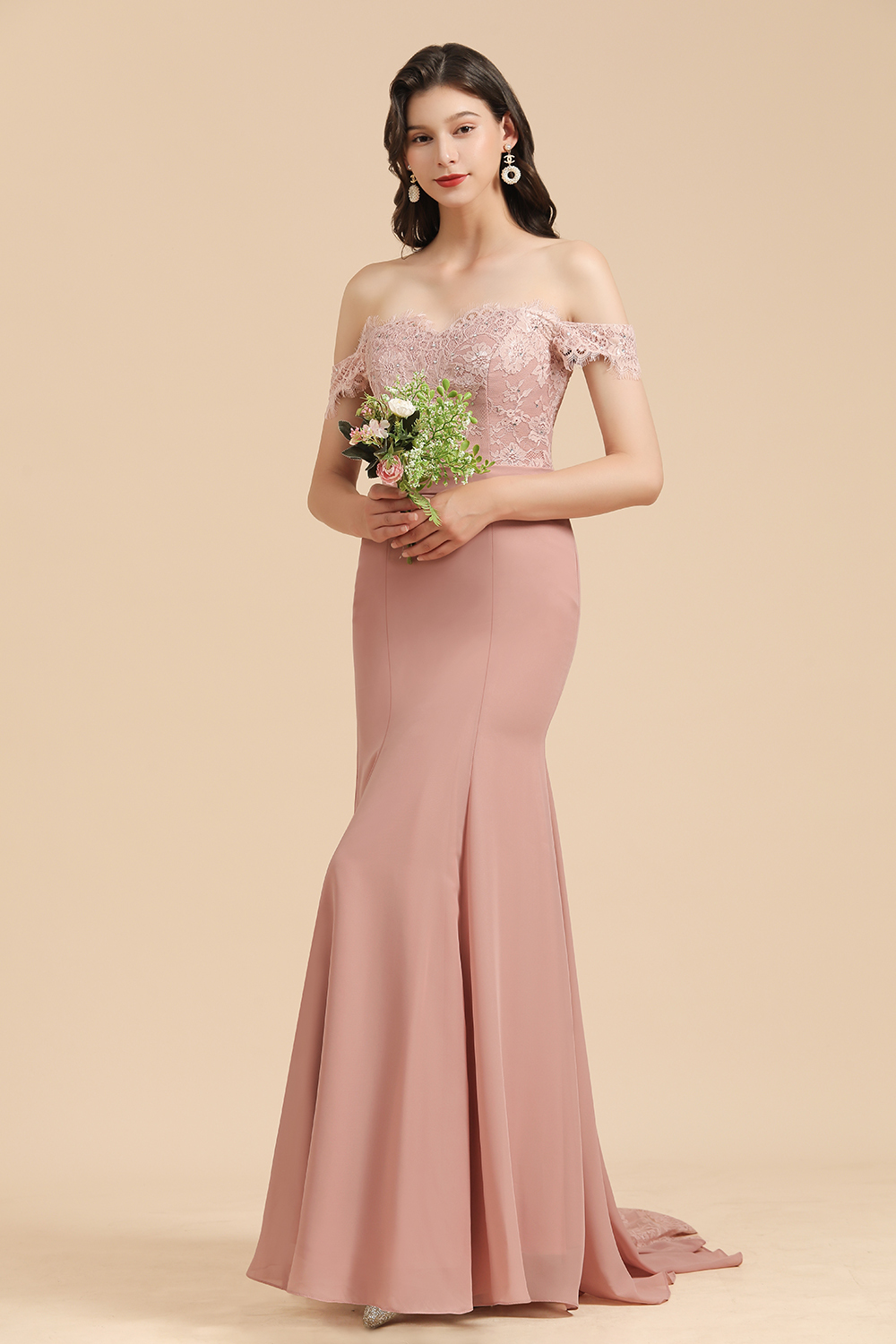 Long Off the Shoulder Floral Lace Appliques Mermaid Bridesmaid Dress - YESBABYONLINE