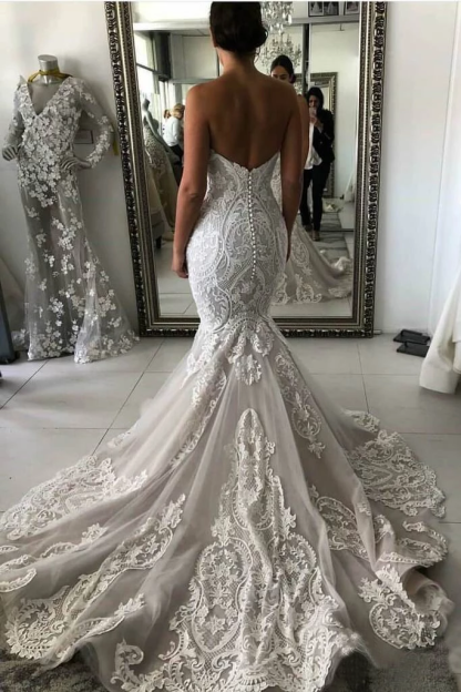 Long Mermaid Off the Shoulder Sweetheart Lace Backless Wedding Dresses - YESBABYONLINE
