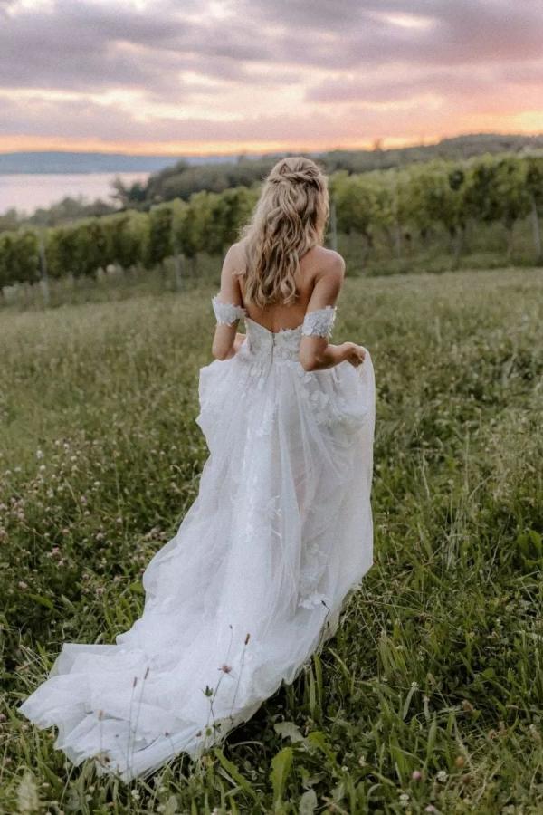 Elegant Long Off the Shoulder Satin Applique Lace Sleeveless A-Line Wedding Dresses - YESBABYONLINE