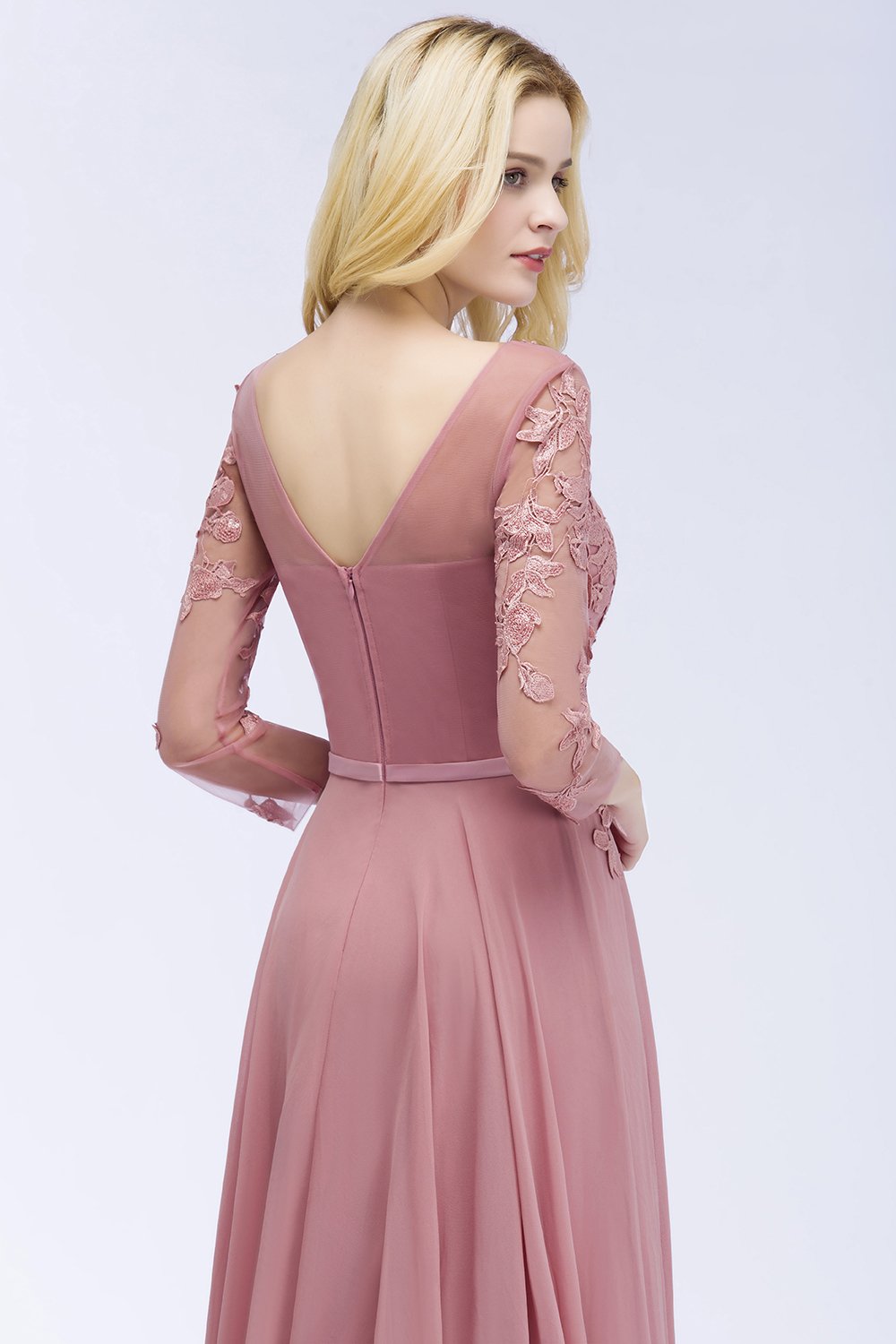 Long A-line V-Neck Chiffon Lace Floor-Length Bridesmaid Dresses with Sleeves - YESBABYONLINE