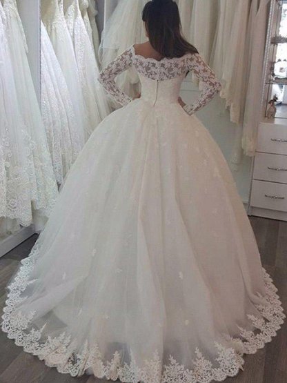 Long Ball Gown Off the Shoulder Tull Applique Lace Wedding Dresses with Sleeves - YESBABYONLINE