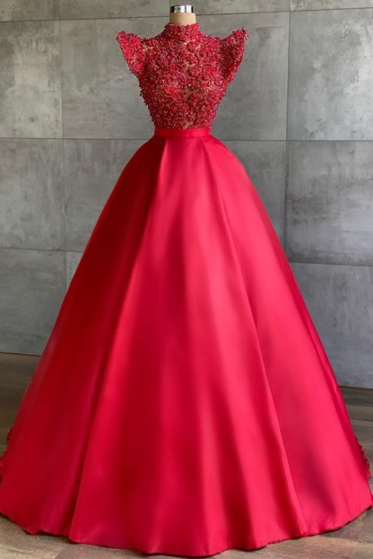 Chic Red Long A-line High Neck Lace Satin Prom Dress - YESBABYONLINE