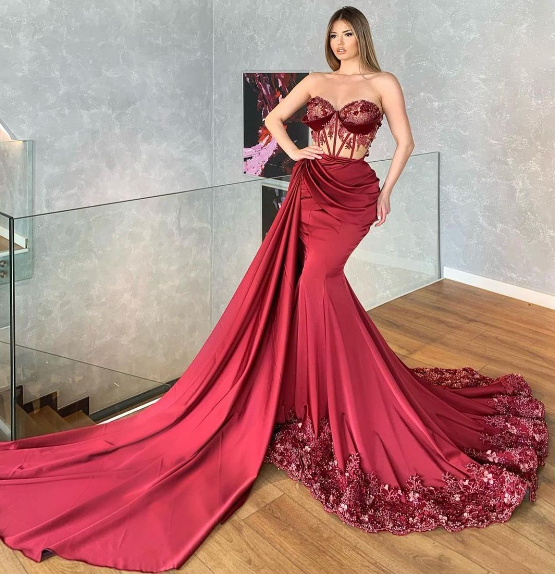 Luxury Burgundy Long Mermaid Strapless Ruffles Satin Lace Prom Dresses - YESBABYONLINE