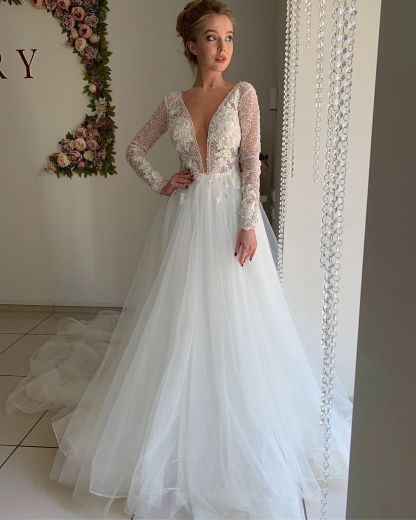 Elegant Long Sleeves V Neck Tulle Applique Lace Tulle A Line Open Back Wedding Dresses - YESBABYONLINE