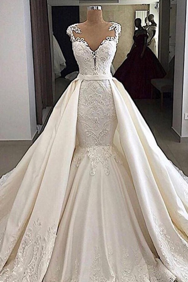 Long Mermaid V-neck Satin Lace Wedding Dresses with Detachable Train - YESBABYONLINE