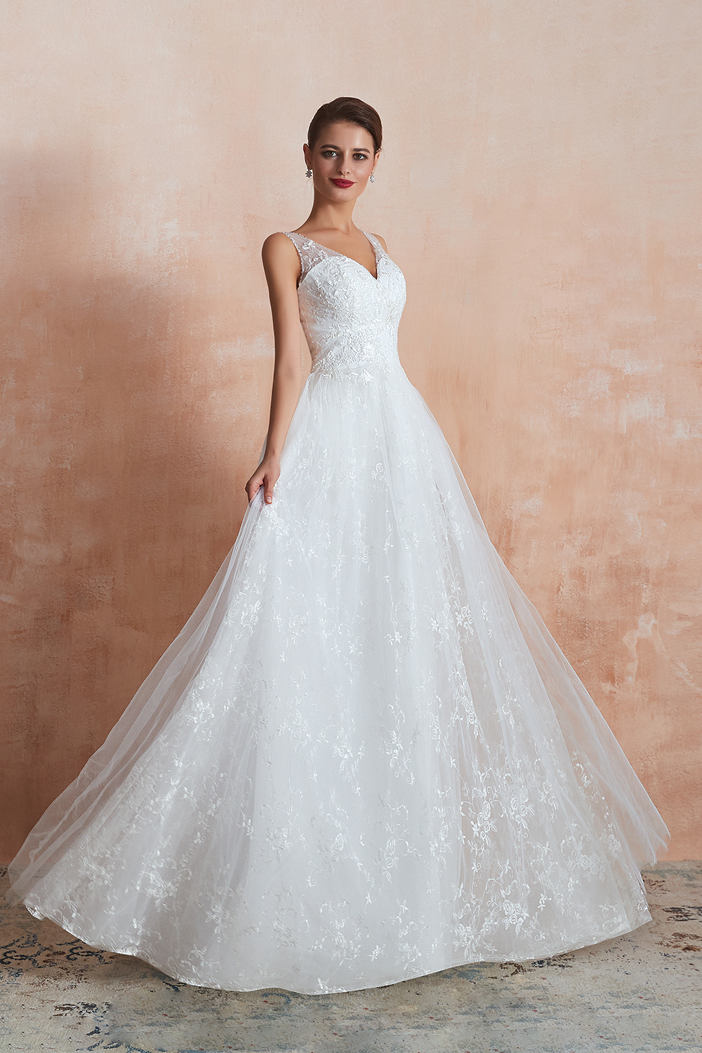 Long A-line V-neck Tulle Lace Floor Length Sleeveless Wedding Dresses - YESBABYONLINE