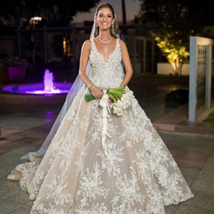 Glamorous Long Sleeveless V Neck A-Line Wedding Dresses With Lace Appliques - YESBABYONLINE