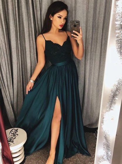 Sexy Long A-line Spaghetti Straps V-neck Appliques Lace Ruffles Prom Dress With Split - YESBABYONLINE
