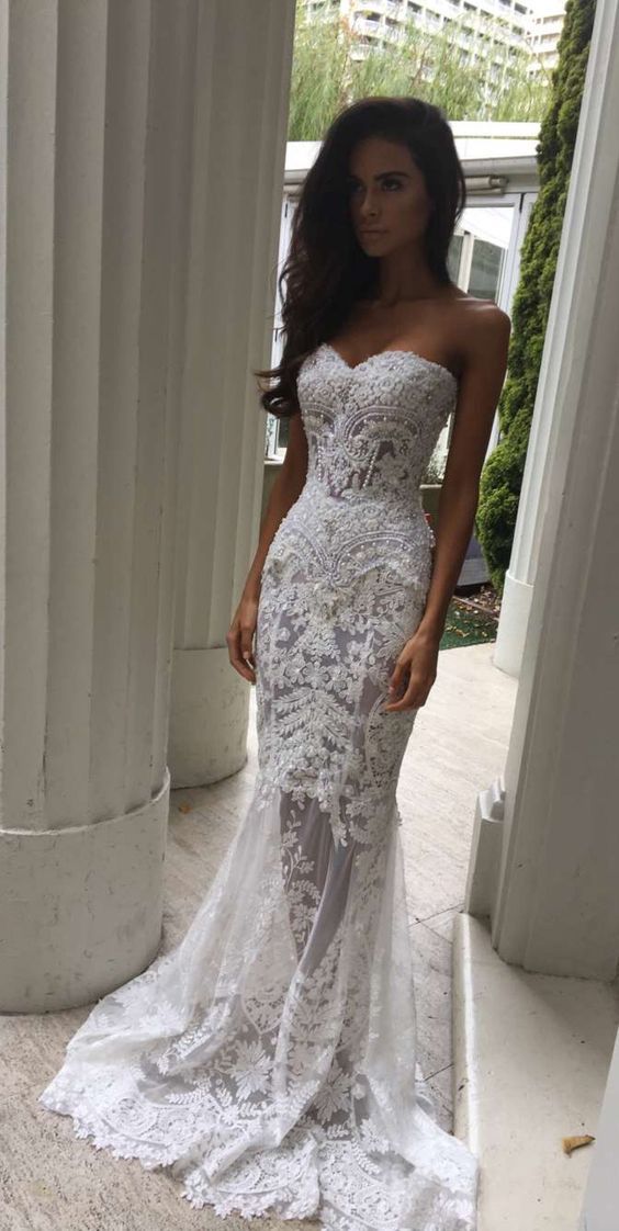 Long Sweetheart White Tulle Mermaid Lace Appliques Wedding Dresses - YESBABYONLINE