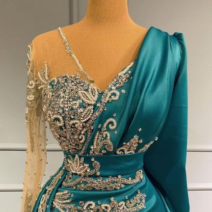 Elegant Long Sleeve V-neck Beading Floor-length Mermaid Prom Dress With Side Train - YESBABYONLINE