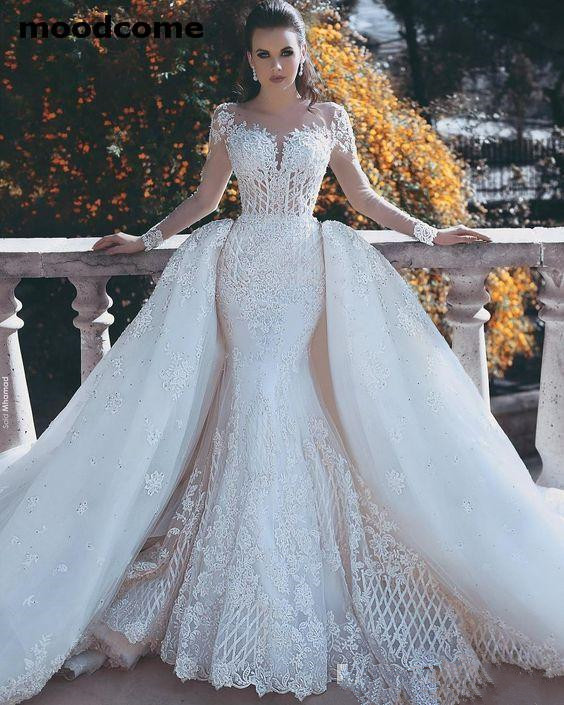 Glamorous Long Sweetheart Mermaid Lace Tulle Backless Wedding Dresses with Sleeves - YESBABYONLINE