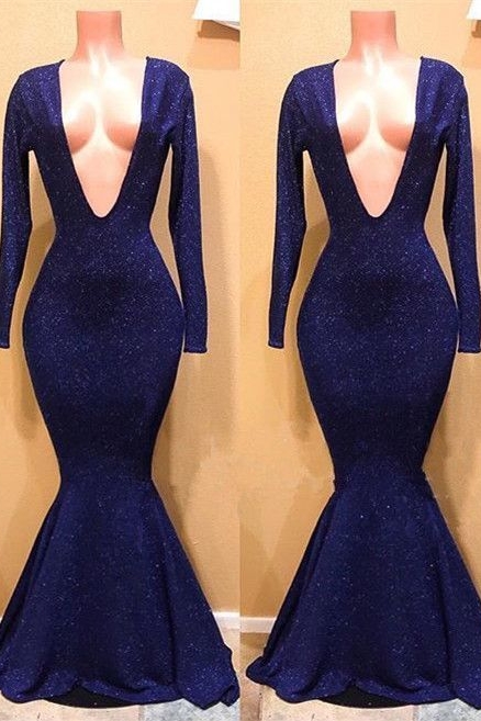 Sexy V-neck Long Sleeves Mermaid Sequins Long Prom Dresses - YESBABYONLINE