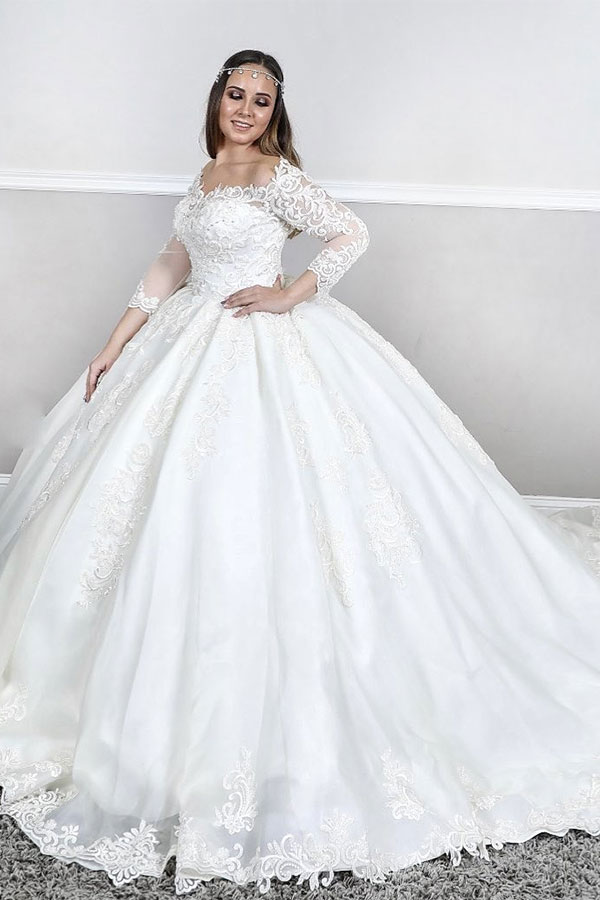 Long Sleeves Ball Gown Sweetheart Applique Lace Tulle Wedding Dresses - YESBABYONLINE