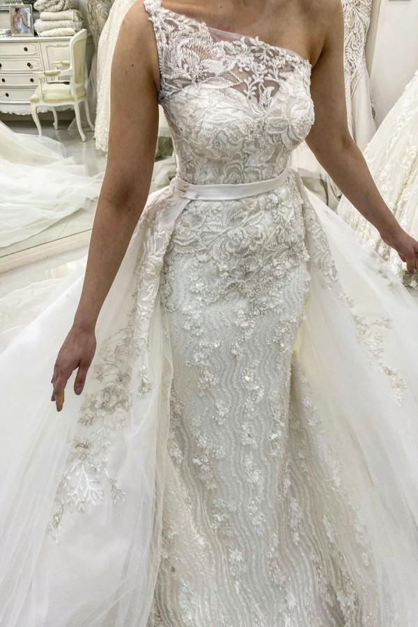 Long Mermaid One Shoulder Sleeveless Lace Wedding Dresses - YESBABYONLINE