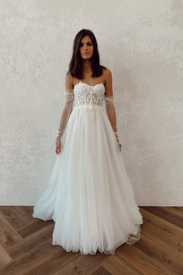 Long Off The Shoulder Backless Applique Lace Tulle A Line Wedding Dresses - YESBABYONLINE