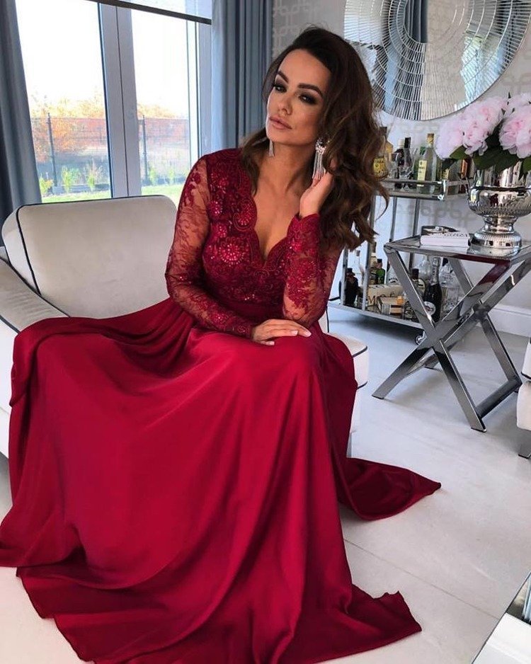 Burgundy Long Sleeves A-line V Neck Lace Appliques Prom Dresses with Split - YESBABYONLINE