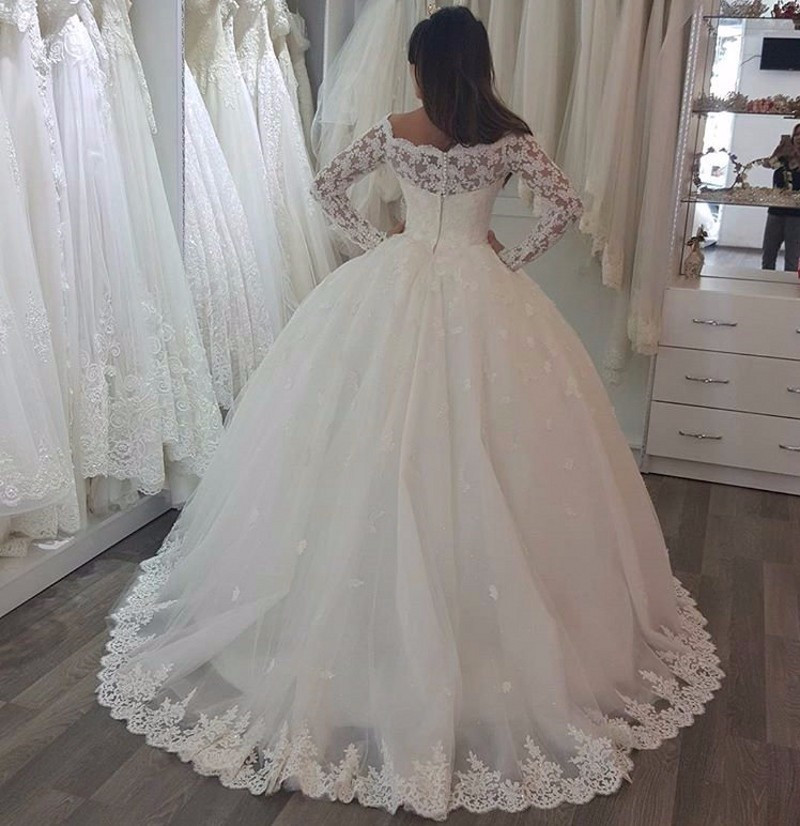 Long Ball Gown Off the Shoulder Tulle Lace Floor Length Wedding Dresses with Sleeves - YESBABYONLINE
