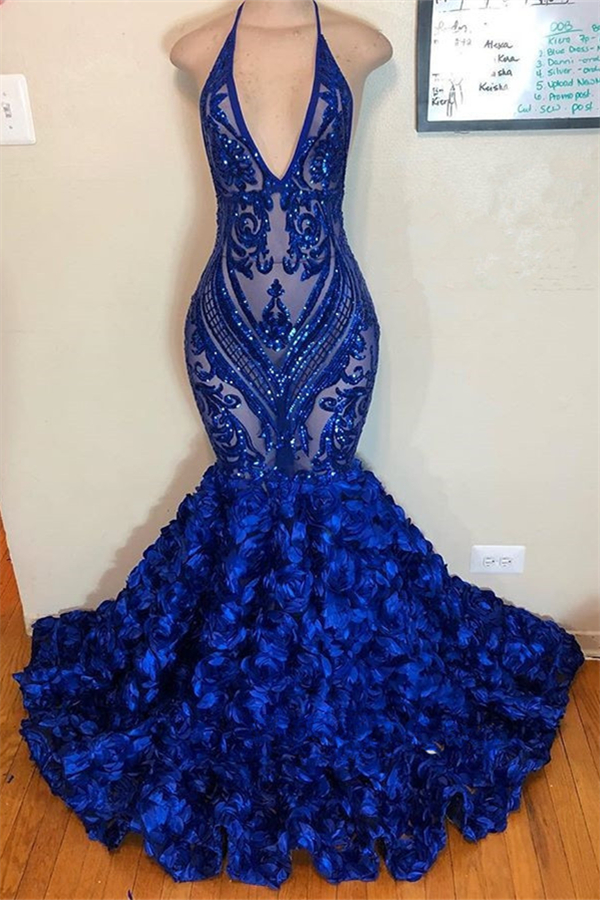 Royal Blue Long V-neck Halter Sequins Floral Sweep Train Prom Dresses - YESBABYONLINE
