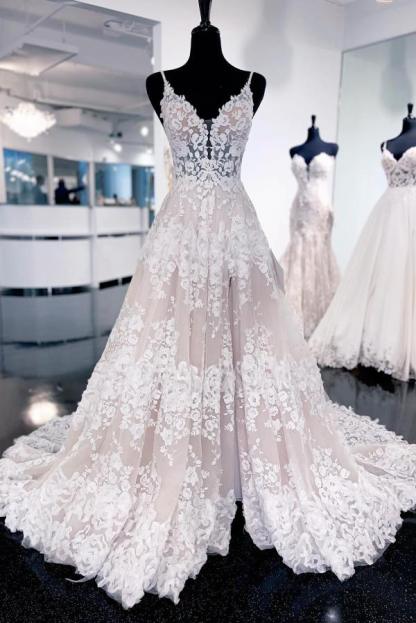 Long Spaghetti Strap A-Line Sleeveless Wedding Dresses with Appliques Lace - YESBABYONLINE