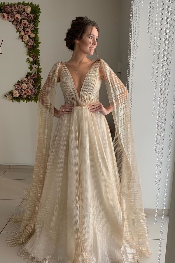 Champagne Long A-Line Straps V Neck Sleeveless Backless Tulle Shawl Wedding Dresses - YESBABYONLINE