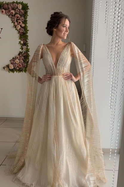 Champagne Long A-Line Straps V Neck Sleeveless Backless Tulle Shawl Wedding Dresses - YESBABYONLINE
