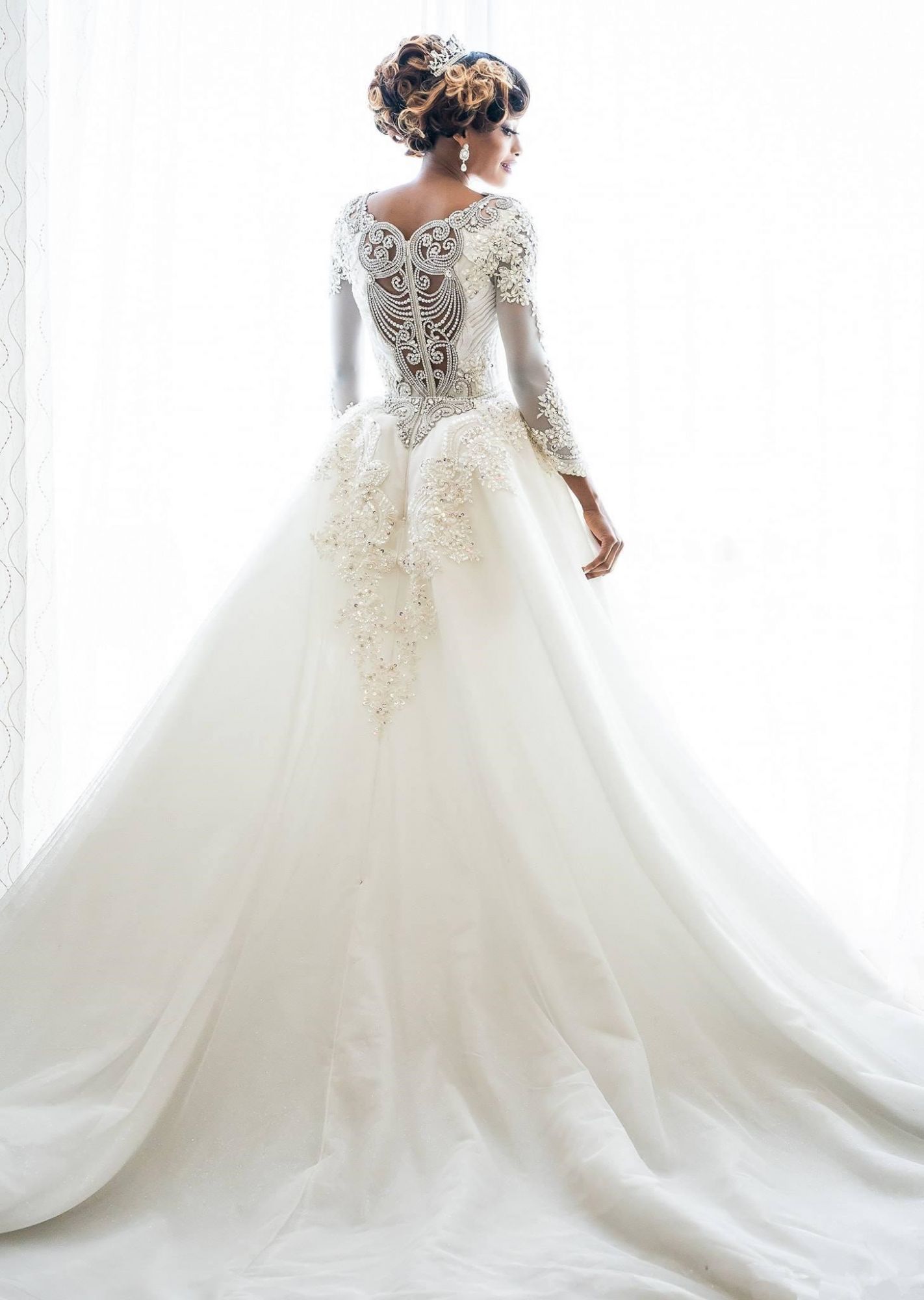 Luxury Mermaid Tulle Lace Appliques Wedding Dresses with Sleeves - YESBABYONLINE