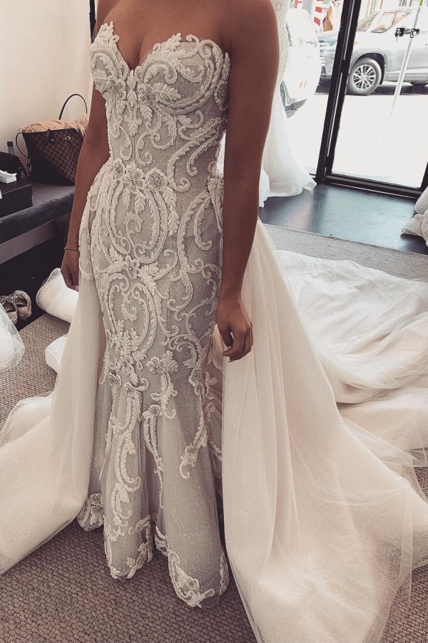 Long Mermaid Sweetheart Lace Tulle Wedding Dresses with Detachable Train - YESBABYONLINE