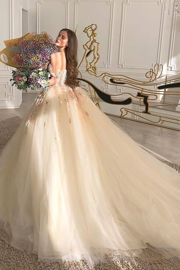 Long Ball Gown Off The Shoulder Tulle Wedding Dresses With Flowers - YESBABYONLINE