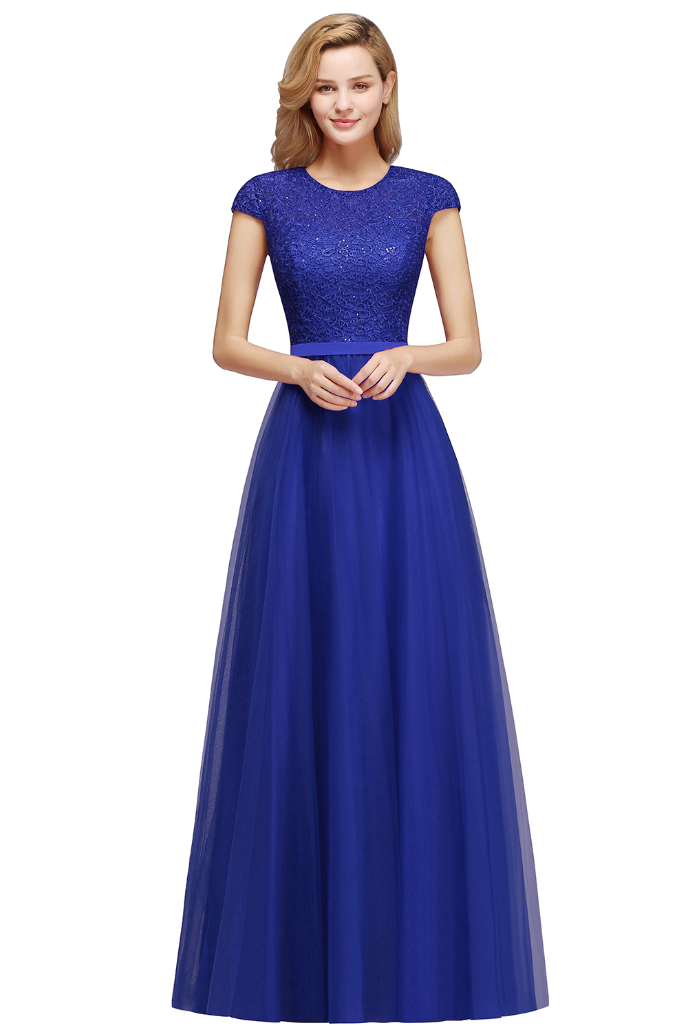 Long A-line Tulle Lace Bridesmaid Dress with Cap Sleeves - YESBABYONLINE