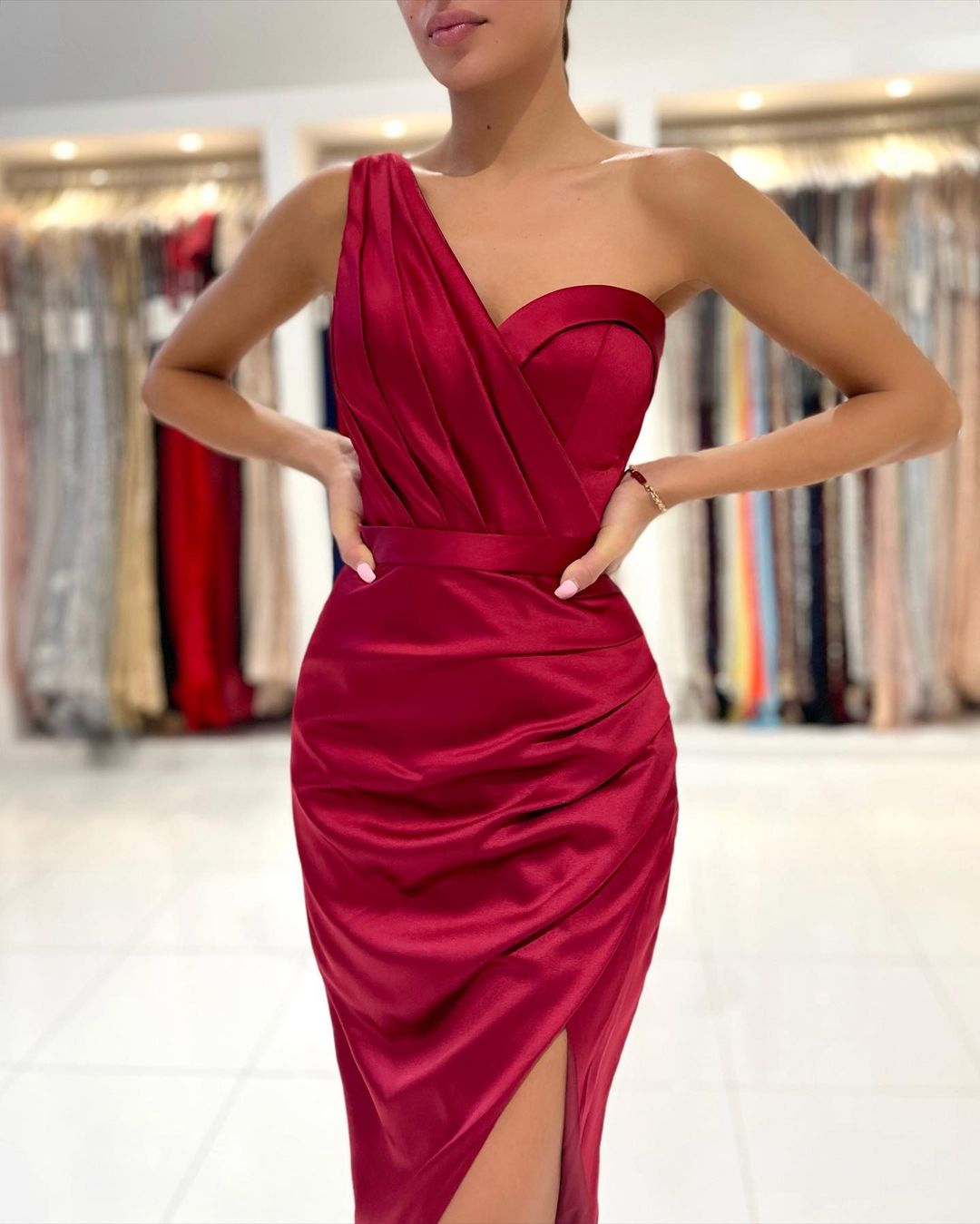 Sexy Burgundy Short One Shoulder Satin Backless Prom Dress With Front Slit - YESBABYONLINE