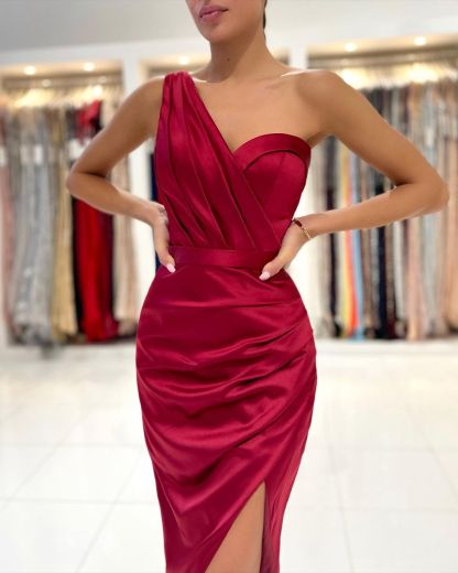 Sexy Burgundy Short One Shoulder Satin Backless Prom Dress With Front Slit - YESBABYONLINE
