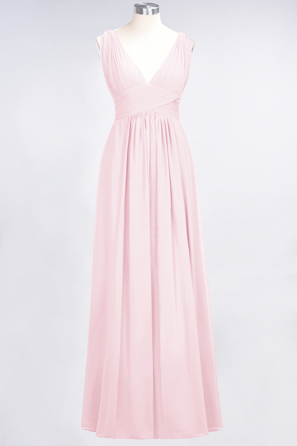 Long A Line V Neck Sleeveless Floor Length Bridesmaid Dress with Ruffle - YESBABYONLINE