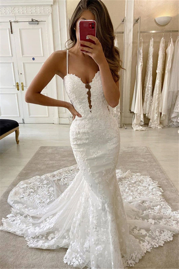 Long Spaghetti Strap Sweetheart Lace Tulle Mermaid Wedding Dresses - YESBABYONLINE
