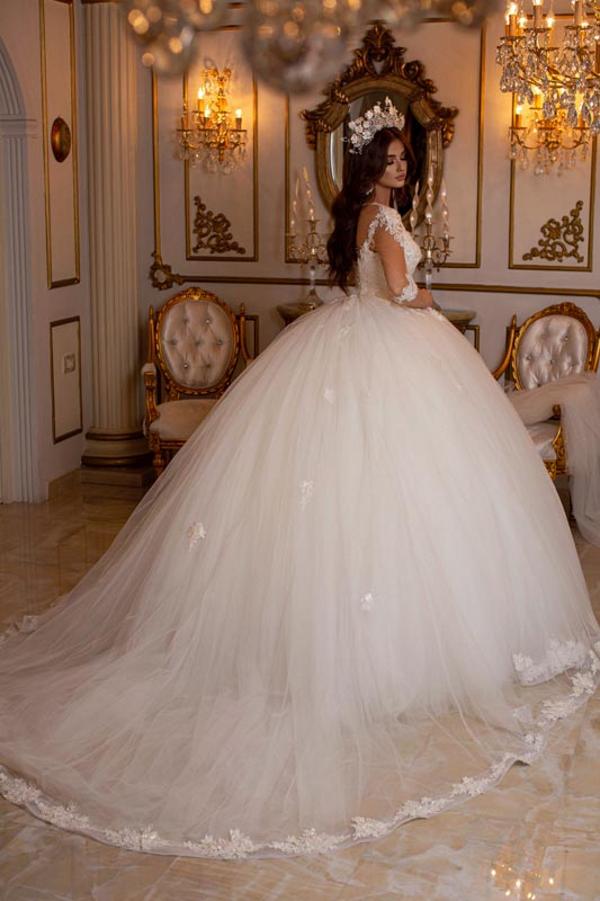 Elegant V-neck Long Sleeves Floor Length Lace Tulle Ball Gown Wedding Dress - YESBABYONLINE
