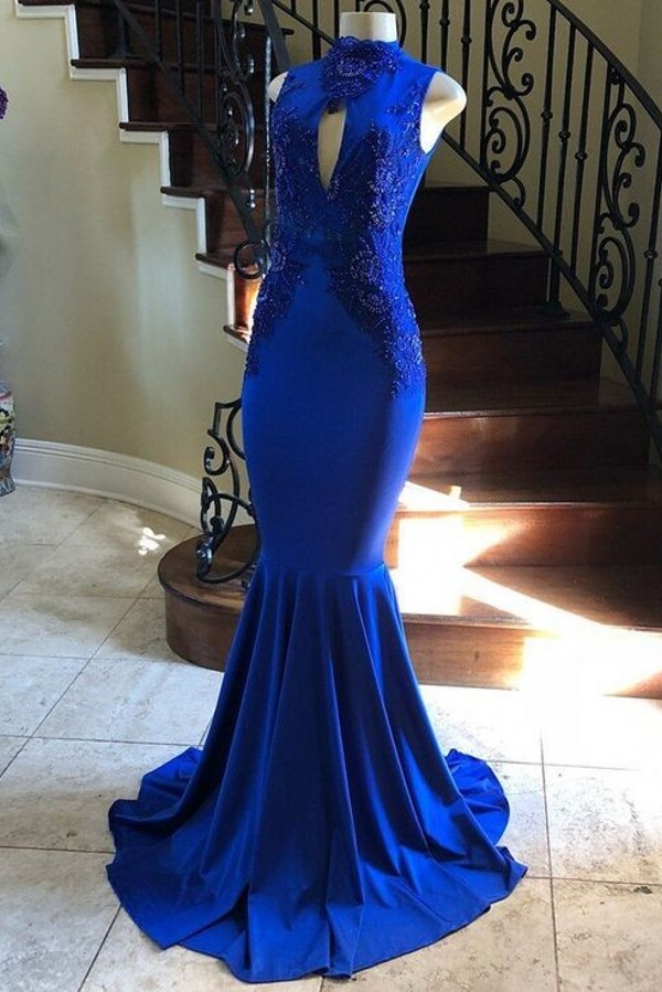 Royal Blue Long High Neck Sleeveless Satin Lace Mermaid Prom Dresses - YESBABYONLINE