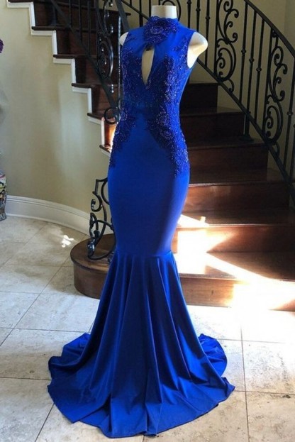 Royal Blue Long High Neck Sleeveless Satin Lace Mermaid Prom Dresses - YESBABYONLINE