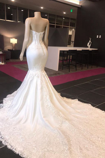 Long Sweetheart Sleeveless Mermaid Tulle Lace Wedding Dresses - YESBABYONLINE