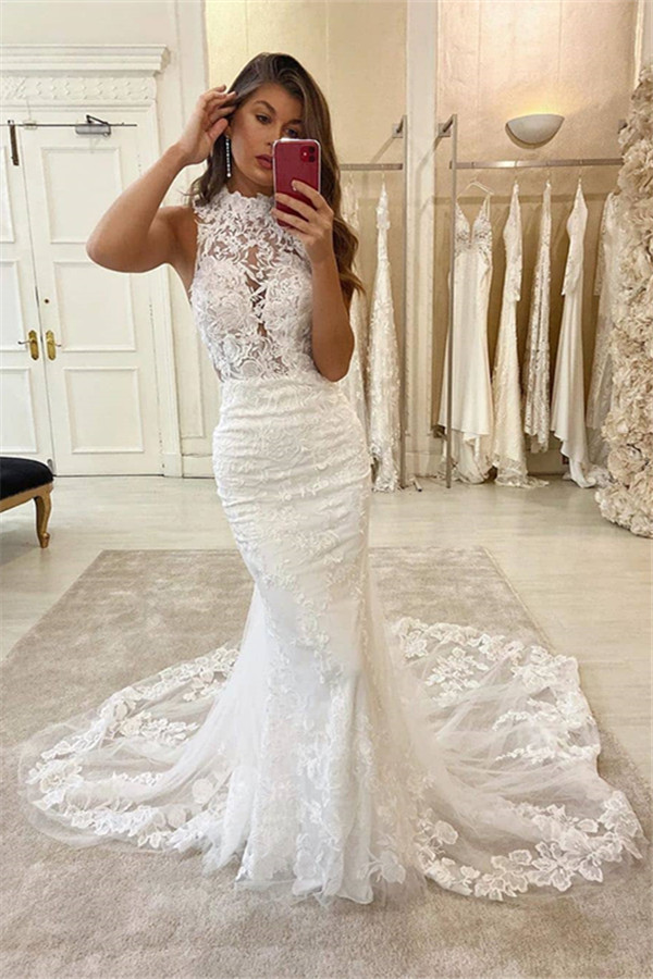Elegant Long Mermaid High Neck Lace Floor Length White Wedding Dresses - YESBABYONLINE